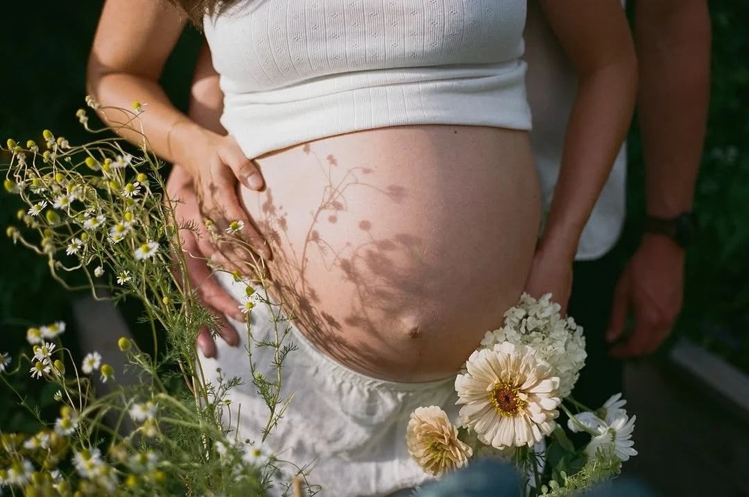 En gravid kvinnas mage med växtskuggor, en mans händer runt magen och blommor i förgrunden.