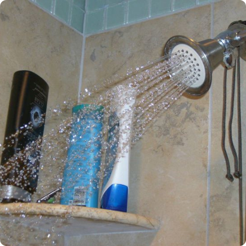 Shower corner hair products and showerhead closeup
