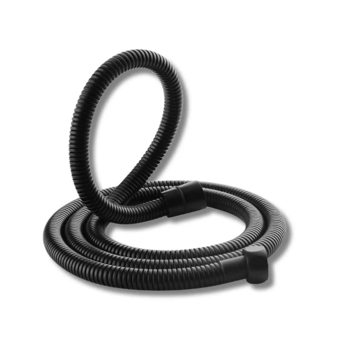 Flexible shower hose installed between filter and shower head — full bathroom view