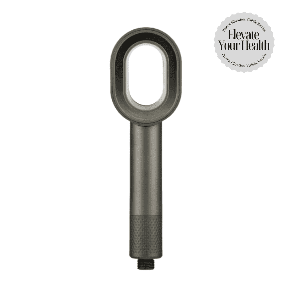 Nordisk Filtered Shower Head front view — matte black design with chrome accent ring